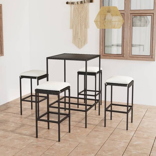 Set mobilier bar de grădină cu perne, 5 piese, negru, poliratan