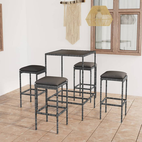 Set mobilier bar de grădină, cu perne, 5 piese, gri, poliratan