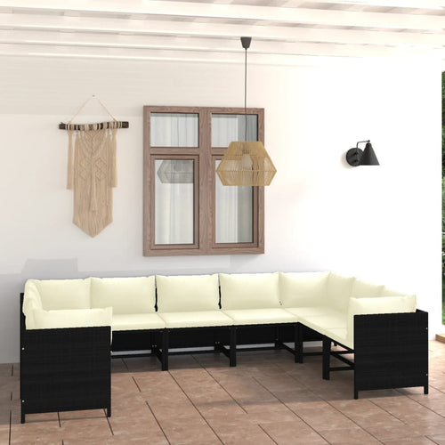 Set mobilier de grădină cu perne, 9 piese, negru, poliratan