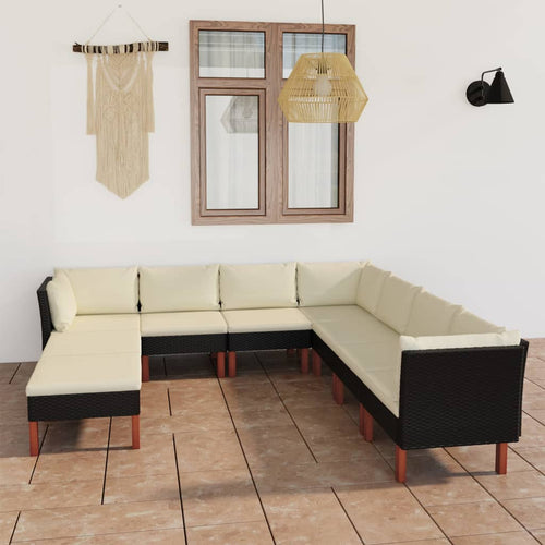 Set mobilier de grădină cu perne, 9 piese, negru, poliratan