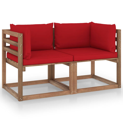 Canapea din paleți de grădină, 2 locuri, perne roșii, lemn pin