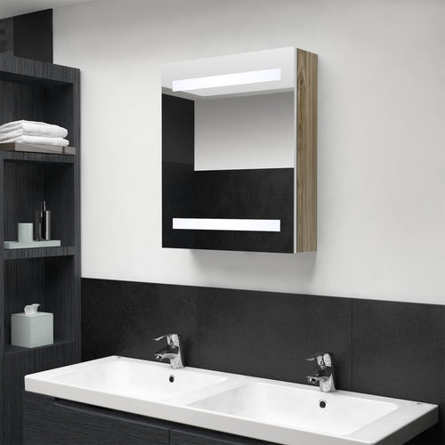 Dulap de baie cu oglindă și LED, alb și stejar, 50x14x60 cm Lando