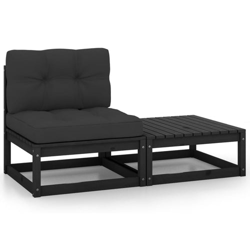 Set mobilier grădină cu perne, 2 piese, negru, lemn masiv pin