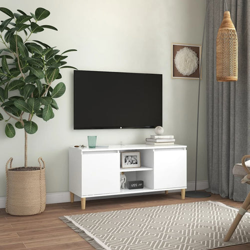 Comodă TV cu picioare din lemn masiv, alb, 103,5x35x50 cm Lando