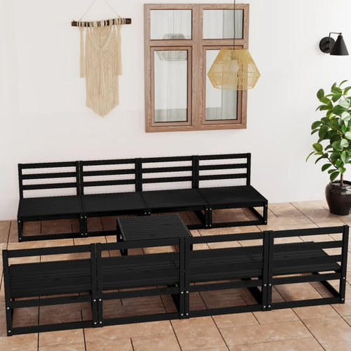 Set mobilier de grădină, 9 piese, negru, lemn masiv de pin