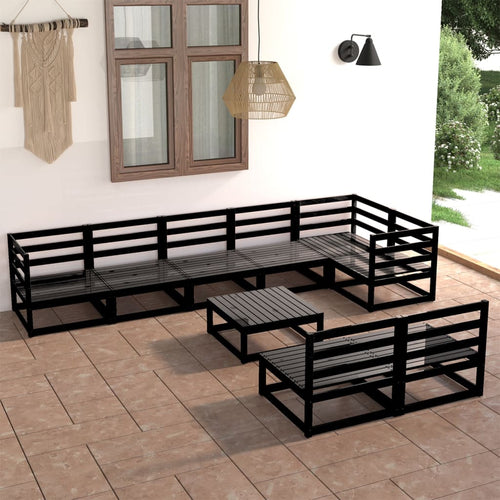 Set mobilier de grădină, 9 piese, negru, lemn masiv de pin