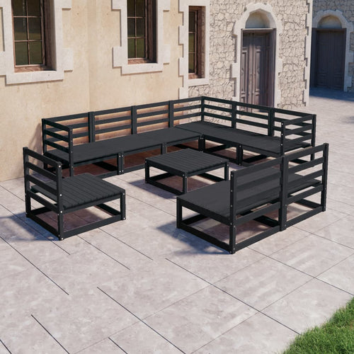 Set mobilier de grădină, 10 piese, negru, lemn masiv pin