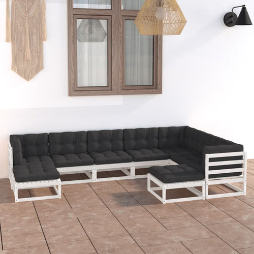 Set mobilier grădină cu perne, 9 piese, alb, lemn masiv de pin