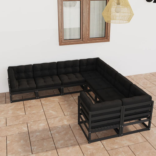 Set mobilier grădină cu perne, 8 piese, negru, lemn masiv pin