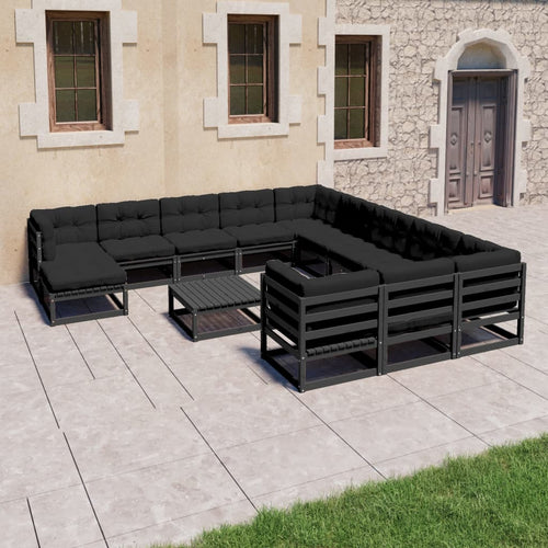 Set mobilier grădină perne, 13 piese, negru, lemn masiv pin