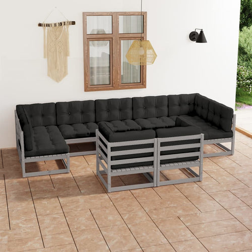 Set mobilier grădină cu perne, 9 piese, gri, lemn masiv de pin