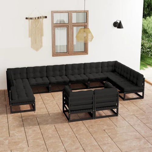 Set mobilier grădină cu perne, 12 piese, negru, lemn masiv pin