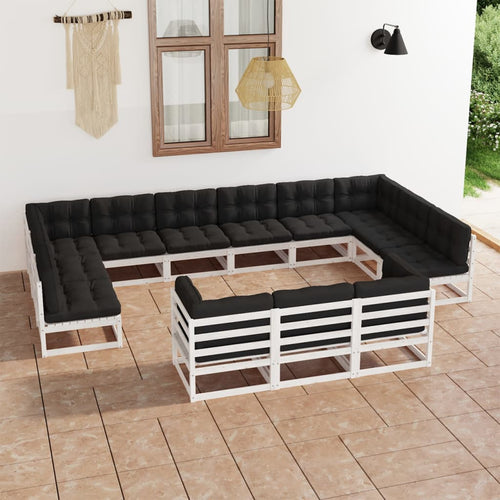 Set mobilier grădină perne, 13 piese, alb, lemn masiv pin