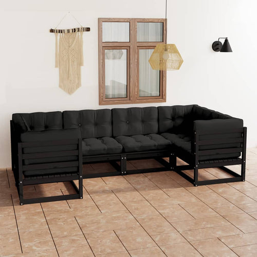 Set mobilier grădină cu perne, 6 piese, negru, lemn masiv pin