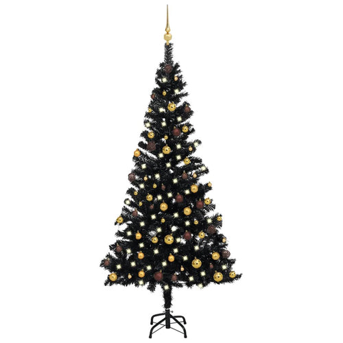 Brad Crăciun pre-iluminat cu set globuri, negru, 150 cm, PVC Lando