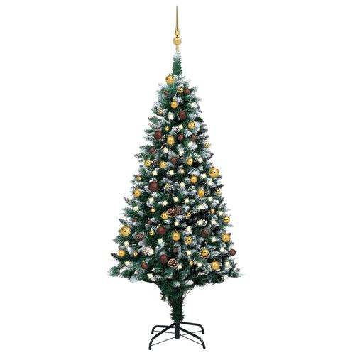 Brad Crăciun artificial pre-iluminat globuri/conuri pin, 180 cm