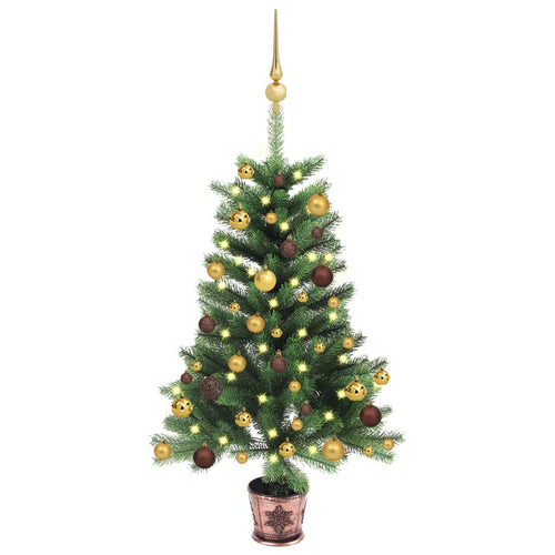 Brad Crăciun pre-iluminat artificial, set globuri, verde, 65 cm
