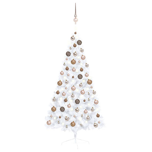 Jumătate brad Crăciun pre-iluminat cu set globuri, alb, 150 cm