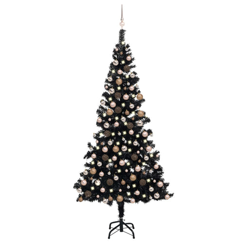 Brad Crăciun pre-iluminat cu set globuri, negru, 210 cm, PVC