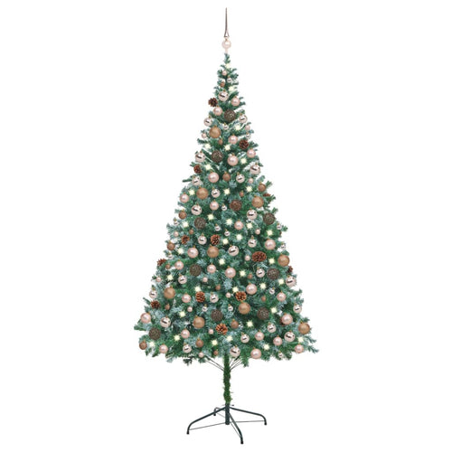 Brad Crăciun artificial pre-iluminat globuri/conuri pin 210 cm