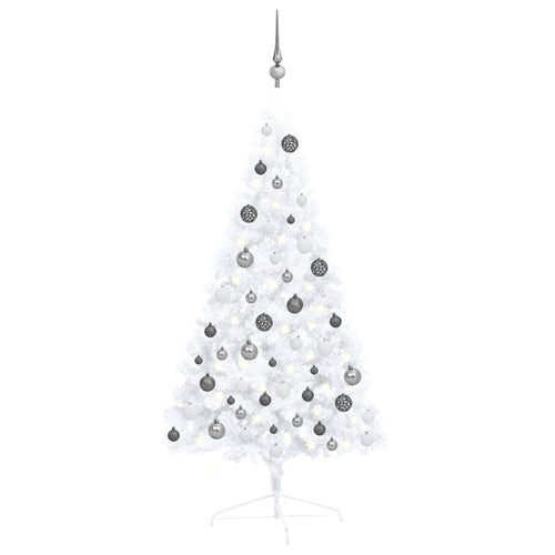 Jumătate brad Crăciun artificial cu set globuri, alb, 120 cm