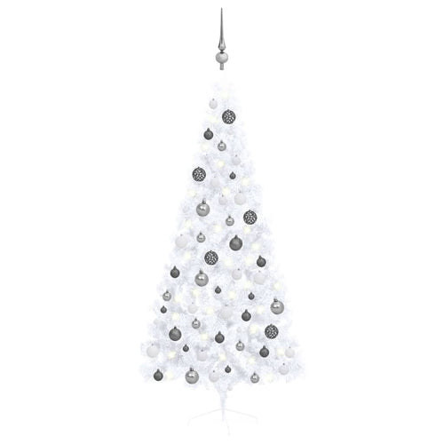 Jumătate brad Crăciun pre-iluminat cu set globuri, alb, 180 cm