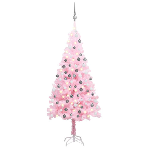 Brad Crăciun pre-iluminat cu set globuri, roz, 180 cm, PVC