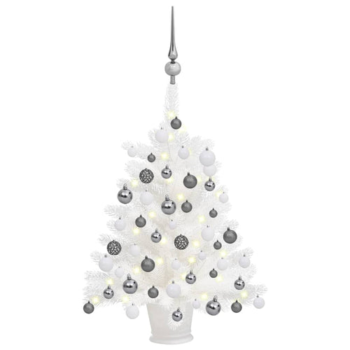 Brad Crăciun pre-iluminat artificial, set globuri, alb, 65 cm