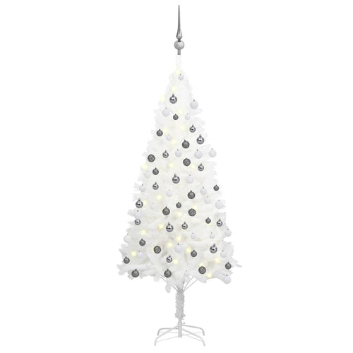 Brad Crăciun pre-iluminat artificial, set globuri, alb, 120 cm