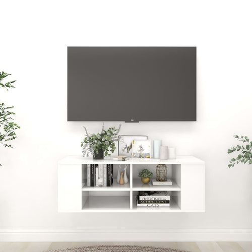 Dulap TV montat pe perete, alb extralucios, 102x35x35 cm, PAL Lando