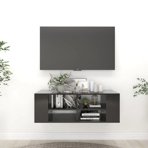 Dulap TV montat pe perete, negru extralucios, 102x35x35 cm, PAL Lando