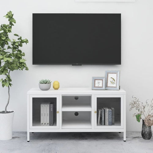 Dulap TV, alb, 105x35x52 cm, oțel și sticlă Lando