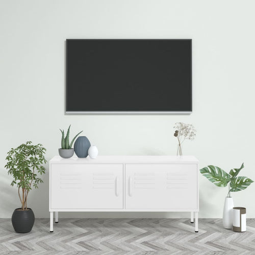 Comodă TV, alb, 105x35x50 cm, oțel Lando