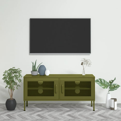 Comodă TV, verde măsliniu, 105x35x50 cm, oțel Lando
