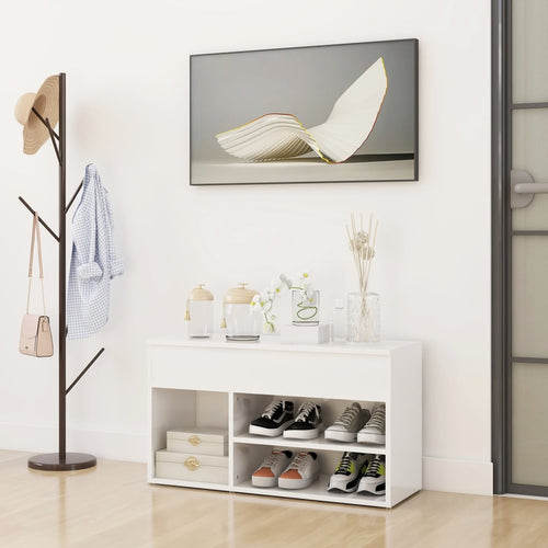 Banchetă pantofar, alb extralucios, 80x30x45 cm, PAL Lando
