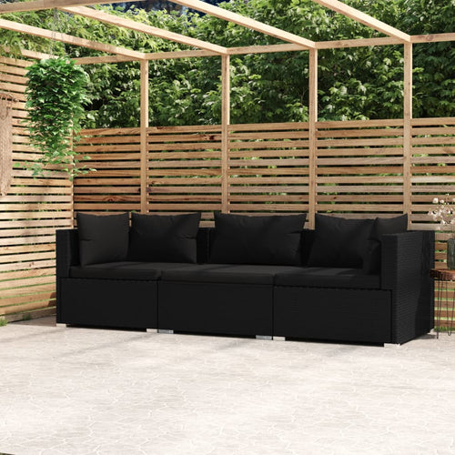Canapea de grădină cu perne, 3 locuri, negru, poliratan