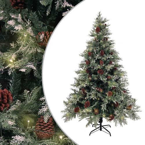 Brad Crăciun pre-iluminat conuri de pin verde/alb 150 cm PVC/PE