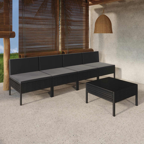 Set mobilier de grădină cu perne, 5 piese, negru, poliratan