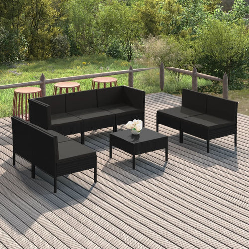 Set mobilier de grădină cu perne, 8 piese, negru, poliratan