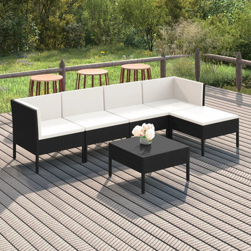 Set mobilier de grădină cu perne, 6 piese, negru, poliratan