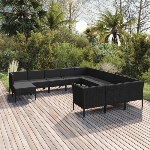 Set mobilier de grădină cu perne, 12 piese, negru, poliratan