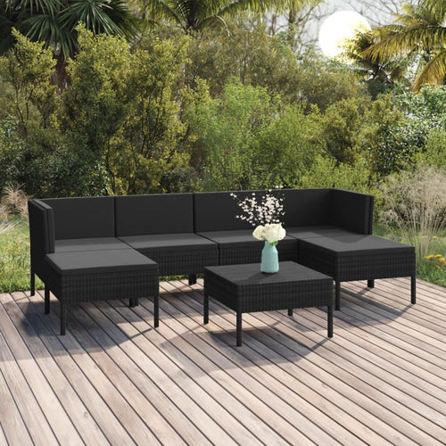 Set mobilier de grădină cu perne, 7 piese, negru, poliratan