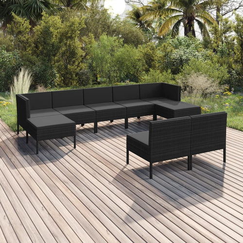 Set mobilier de grădină cu perne, 9 piese, negru, poliratan