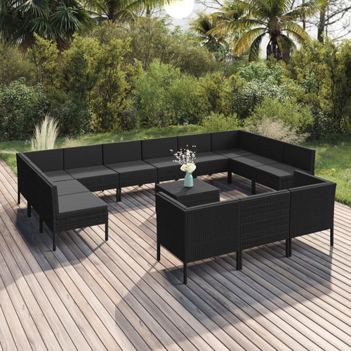 Set mobilier de grădină cu perne, 14 piese, negru, poliratan