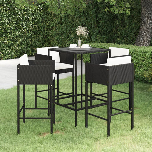 Set mobilier bar de grădină cu perne, 5 piese, negru, poliratan