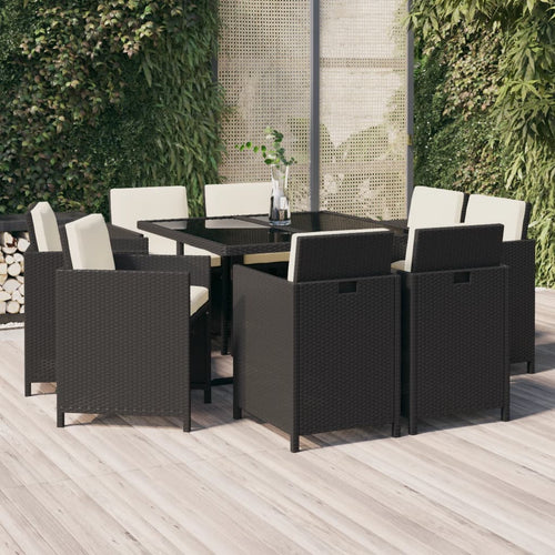 Set mobilier de grădină cu perne, 9 piese, negru, poliratan