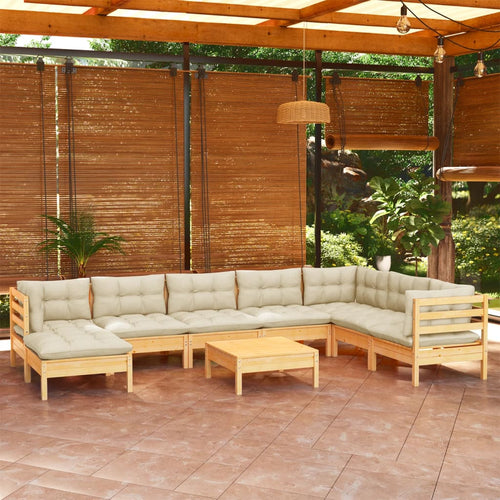 Set mobilier grădină cu perne crem, 9 piese, lemn masiv de pin