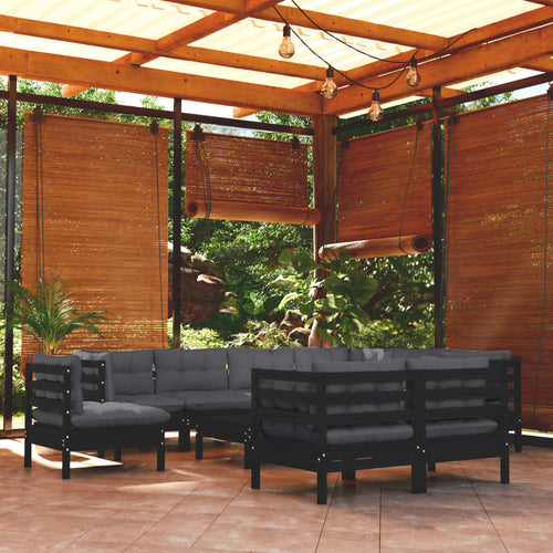 Set mobilier de grădină cu perne 10 piese negru lemn masiv pin