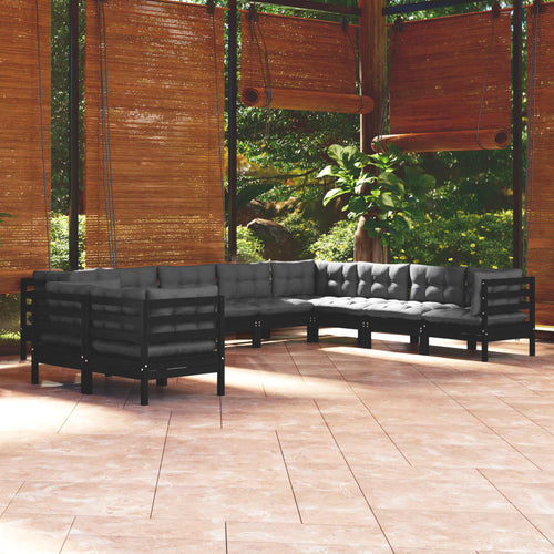 Set mobilier de grădină cu perne 10 piese negru lemn masiv pin