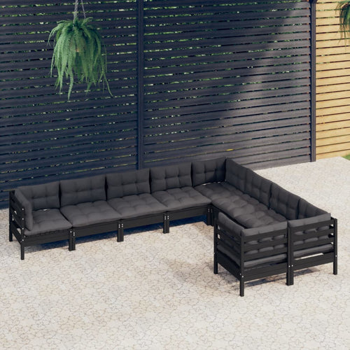 Set mobilier grădină cu perne, 9 piese, negru, lemn de pin